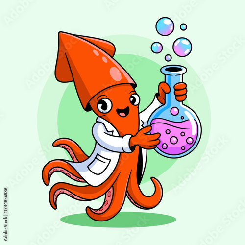 An inquisitive octopus wearing a lab coat joyfully holds a flask filled with bubbling liquid, portraying the combination of science and fun in a vibrant and imaginative way.