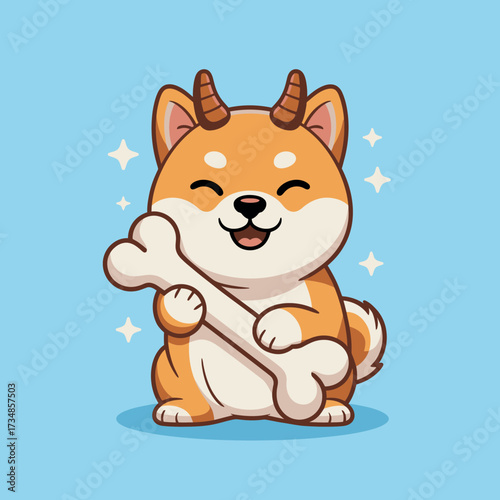 A delightful Shiba Inu dog sits happily holding a bone, radiating joy and playfulness, bringing warmth and charm to dog lovers with its adorable expression.