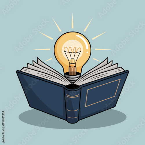 The image illustrates an open book radiating a bright light bulb from its center, signifying the spark of creativity and knowledge derived from reading.