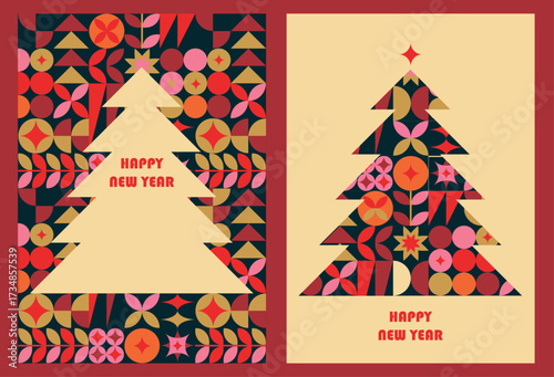 Christmas tree happy new year card with modern abstract geometric vertical design for a4
