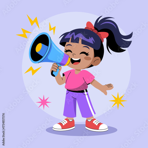 This vibrant illustration features a cheerful girl holding a megaphone, exuding enthusiasm and joy, perfect for conveying messages of positivity and lively events.