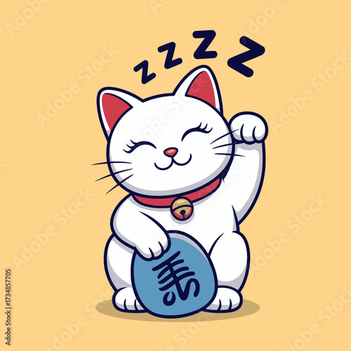 This charming image features a white cat peacefully sleeping while holding a lucky charm, promoting feelings of tranquility and happiness in a cheerful presentation.