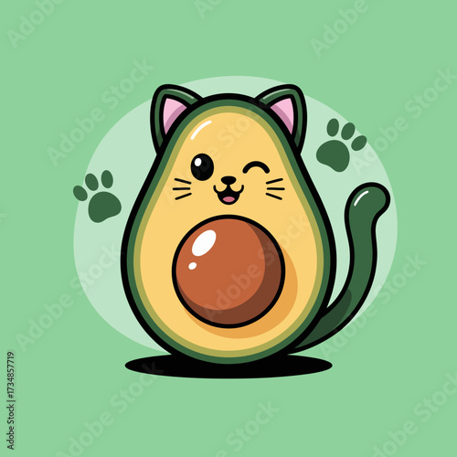 This charming artwork showcases an adorable avocado with cat-like features, exuding playfulness and delightful character in a charming design style.