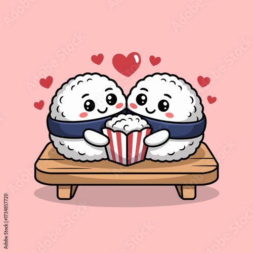 This charming illustration depicts two lovable sushi characters sharing a bucket of popcorn on a cozy platform, radiating affection and togetherness in a delightful manner.