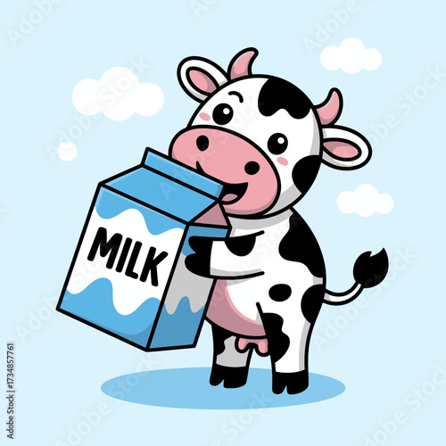 A playful cartoon cow happily sipping from a milk carton, showcasing a delightful expression and vibrant colors against a light blue background.