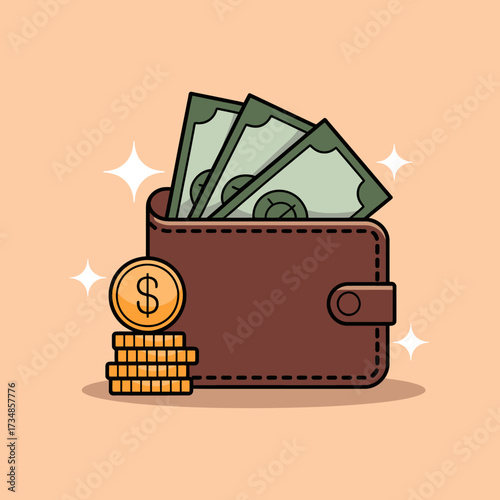 An illustration featuring a stylish wallet filled with cash and coins, representing financial stability and wealth, set against a soothing background that highlights saving and budgeting.
