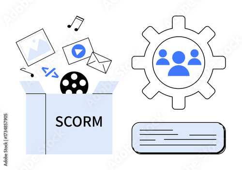 Box labeled SCORM containing media files, tech icons, collaboration gear symbol, and document outline. Ideal for e-learning, team collaboration, content development, LMS, education tools workflow