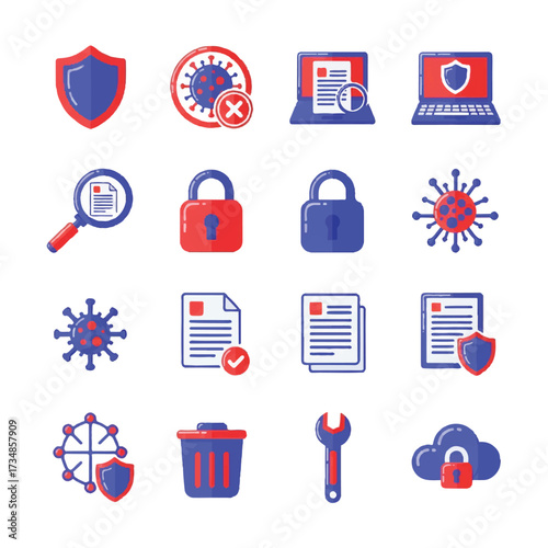 A cybersecurity icon set vector featuring various symbols for security, protection, and malware on a clean white background.