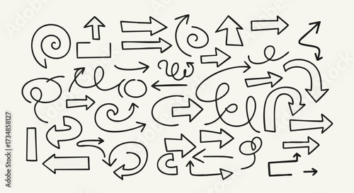 A collection of hand-drawn, black line arrows and symbols on a light background