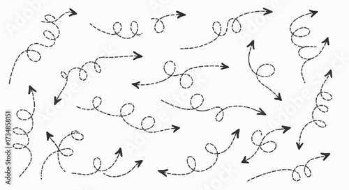 A collection of hand-drawn, dashed arrows in various swirling and directional styles, isolated on a white background