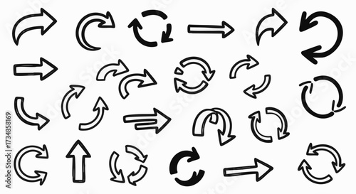 A collection of hand-drawn doodle arrows isolated on white. This vector set includes various directional pointers, circular, and refresh icons