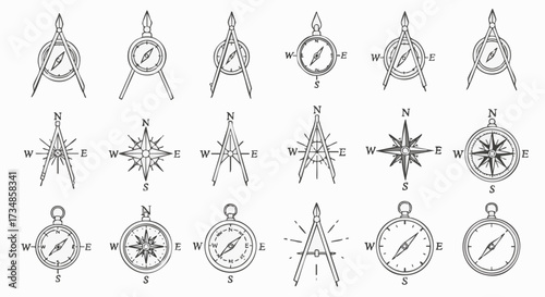 A collection of stylized line art compasses and navigational tools, perfect for designs related to travel, exploration, and direction