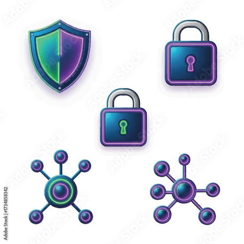 A cybersecurity icon set vector featuring a shield, padlocks, and molecular structures in a neon color scheme on a white background.