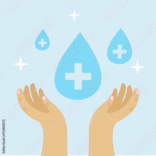 Hand disinfection, hand washing, water drops, stars, cleanliness, health, hygiene