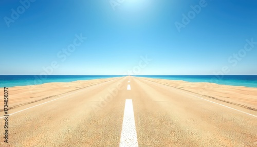 Endless Journey A straight desert road stretches towards the ocean horizon under a clear blue sky, symbolizing freedom and travel