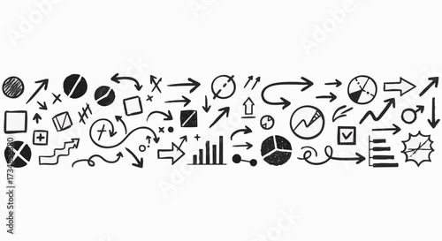 A comprehensive collection of hand-drawn doodle elements, featuring various arrows, statistical charts, directional symbols, and geometric shapes