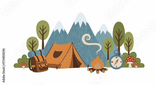 A cozy camping scene with a tent, campfire, backpack, and compass against a backdrop of mountains and trees
