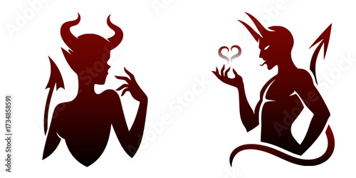 Two gradient silhouettes of a demon and demoness at the waist, seducing, with a translucent heart above the demon's hand, logo style