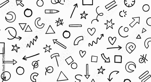 A seamless pattern design features hand-drawn abstract shapes like arrows, hearts, stars and geometric figures