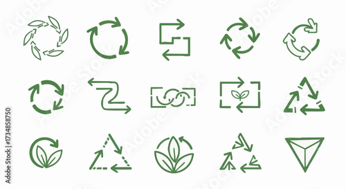 A set of green hand-drawn doodle icons representing recycling, ecological concepts, and sustainable development