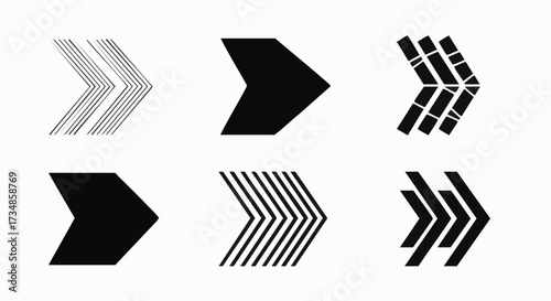 A set of six graphic arrow icons in various styles including solid black, outlined, and patterned