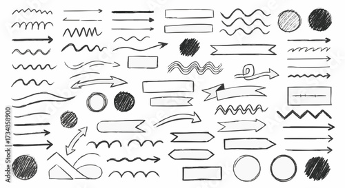 A versatile collection of hand-drawn doodle elements, featuring arrows, lines, circles, and banners