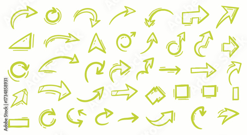 A versatile collection of hand-drawn, doodle-style lime green arrows on a white background. Perfect for web design, navigation, and presentations