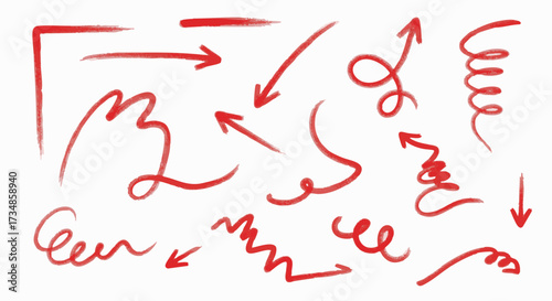 A versatile set of hand-drawn red arrows and lines featuring a brush stroke texture