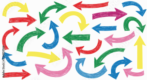 A vibrant collection of colorful, hand-drawn arrows pointing in various directions against a clean white background