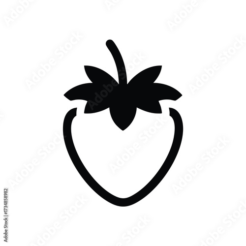 Minimalist line drawing of a strawberry with leaves and stem, simple black outline on