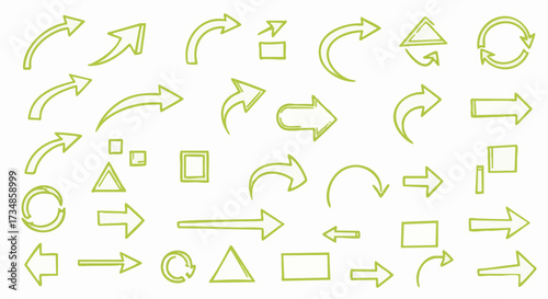 A vibrant collection of hand-drawn green arrows and geometric shapes on a clean white background