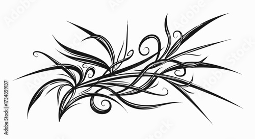 Abstract black ink floral design with swirling tendrils and sharp, angular elements
