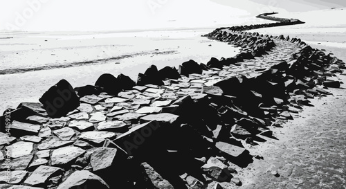 Abstract, graphic black and white image of a winding stone path or breakwater leading into a bright, open landscape