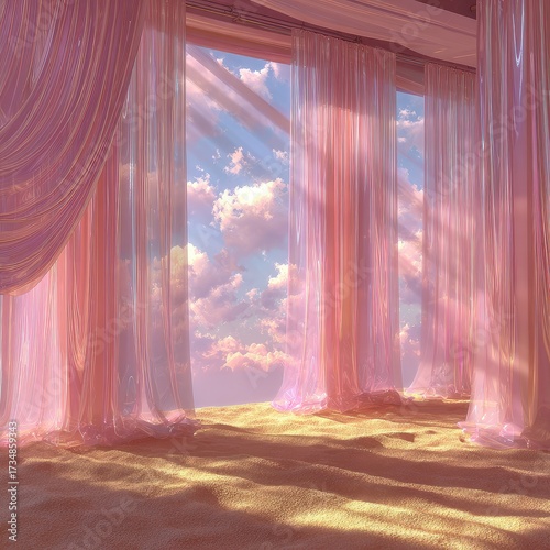 Dreamy room with pink curtains framing a cloudy sky view