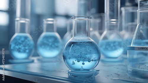 Laboratory test tubes with blue liquid, pharmaceutical experiments. New drugs against incurable diseases. Cancer HIV vaccines. Scientific research, future of medicine. 