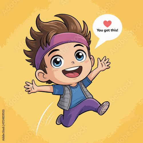 A cheerful boy with a headband jumps energetically, exuding positivity and encouragement with a speech bubble saying 'You got this!', conveying motivation.