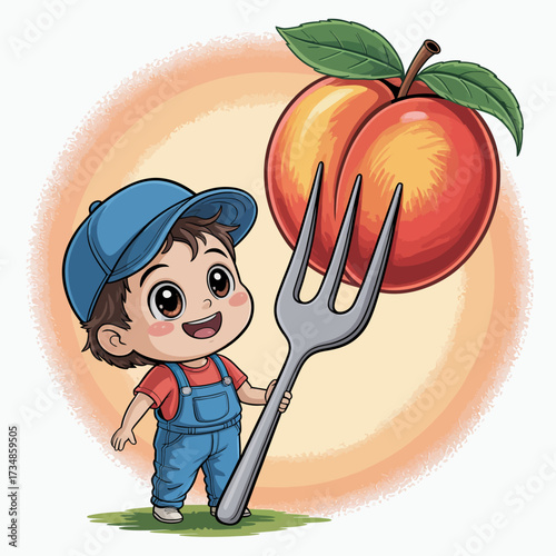 A cheerful young boy dressed in overalls excitedly holds a gigantic peach with a fork, representing childhood innocence and the joy of food and nature.