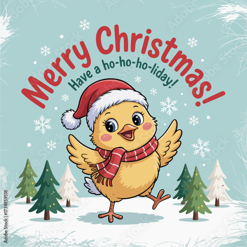 A cheerful chick wearing a Santa hat dances merrily, celebrating Christmas in a winter wonderland with a snowy background and festive trees, spreading joy.