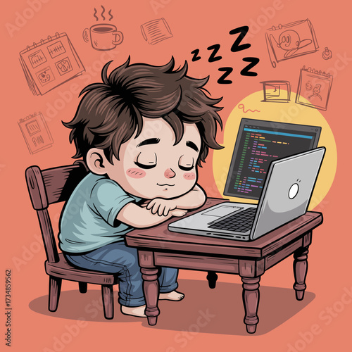 A young child is peacefully asleep at a desk with a laptop illuminated by a soft glow, showcasing a blend of technology and innocence in a cozy environment.