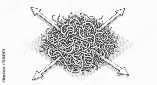 Abstract illustration of tangled strings or worms with arrows pointing in four directions representing chaos, direction, and complexity