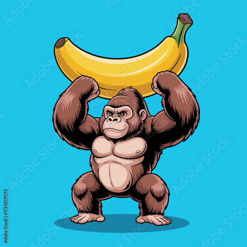 A muscular cartoon gorilla showcasing its strength by lifting a giant banana, blending humor with power, making it a fun and whimsical image that captures attention.