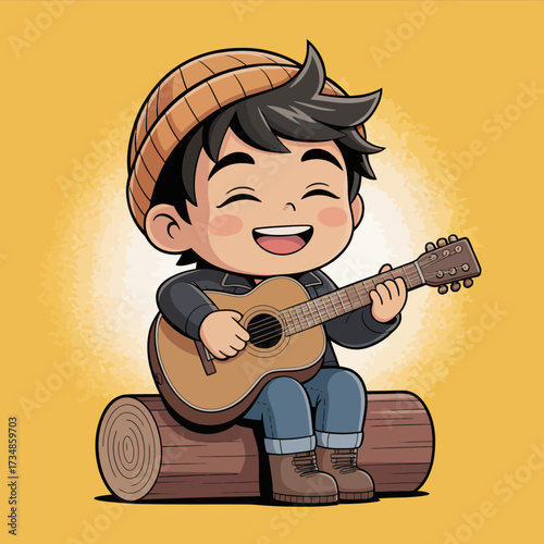A cheerful young boy strumming his guitar while seated on a log, radiating joy and creativity in a vibrant setting that captures the essence of childhood happiness.