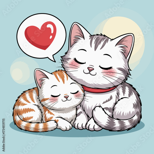A heartwarming illustration of two cuddly cats demonstrating love and affection, perfect for conveying warmth and companionship between pets.