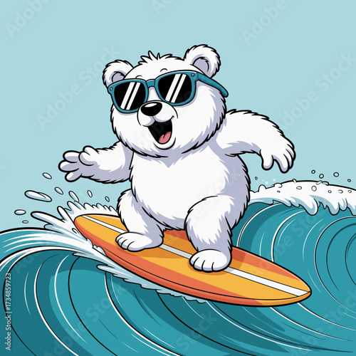 A charming polar bear character surfing stylishly on a wave, showcasing an adventurous spirit and a love for fun, underlining themes of freedom, joy, and summer escapades.