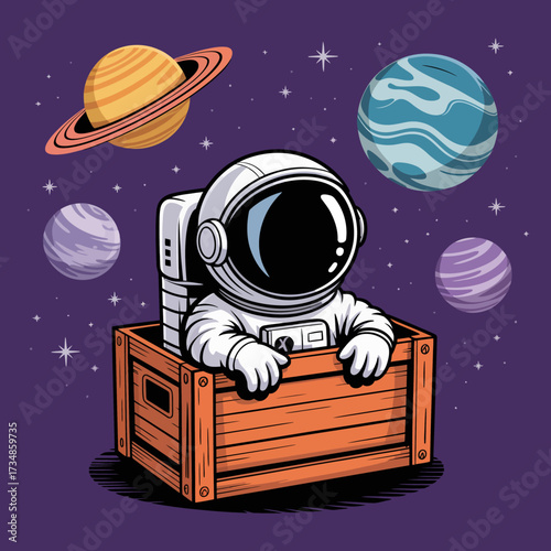This imaginative illustration features a cute astronaut in a wooden crate, floating in space amidst planets, symbolizing exploration, adventure, and the joy of discovery.