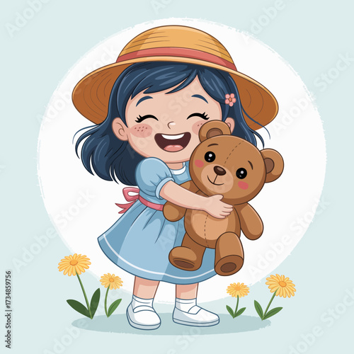 This delightful illustration depicts a joyful girl wearing a hat while hugging her teddy bear in a field of flowers, capturing the innocence and happiness of childhood play.