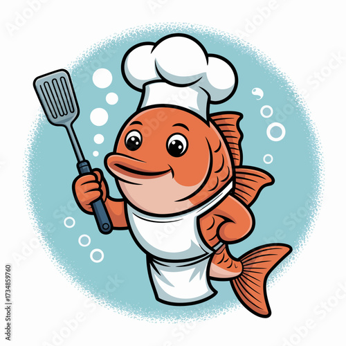 This whimsical fish chef, dressed in a chef's hat and apron, holds a spatula, bringing fun and creativity to the underwater culinary world in a playful manner.