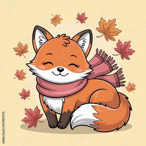 This delightful fox exudes warmth and contentment while snuggled in a scarf amidst colorful autumn leaves, capturing the essence of fall and cozy moments in a playful illustration.