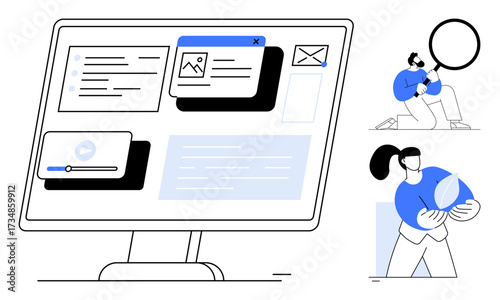 Monitor displaying multimedia and digital assets, male analyzing data with magnifier, female holding leaf. Ideal for technology, analytics, environment, media, teamwork, awareness and minimalism