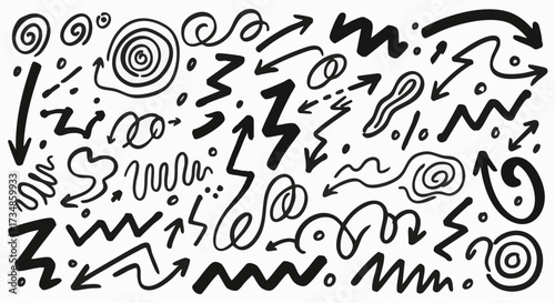 Black and white vector pattern featuring a massive collection of hand-drawn arrows, lines, zigzags, and spiral doodle elements